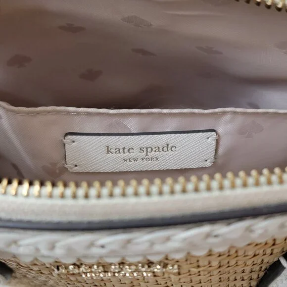 Kate Spade ♠️ White Leather & Woven Straw Dome Satchel Crossbody Gold Hardware - Picture 3 of 14